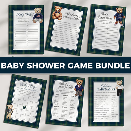 Vintage Polo Teddy Baby Shower Game Bundle, Classic Baby Sprinkle Games for Boys, Editable Luxury Bear with Plaid Printable Templates #068 - TheLovebirdsDesign