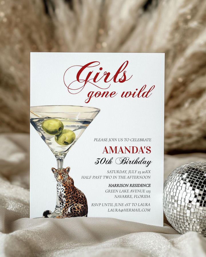 Party Animals 30th Birthday Party Invitation Template, Girls Gone Wild Mob Wife Martini Cheetah Printable Adult Woman Birthday Invite #072 - TheLovebirdsDesign