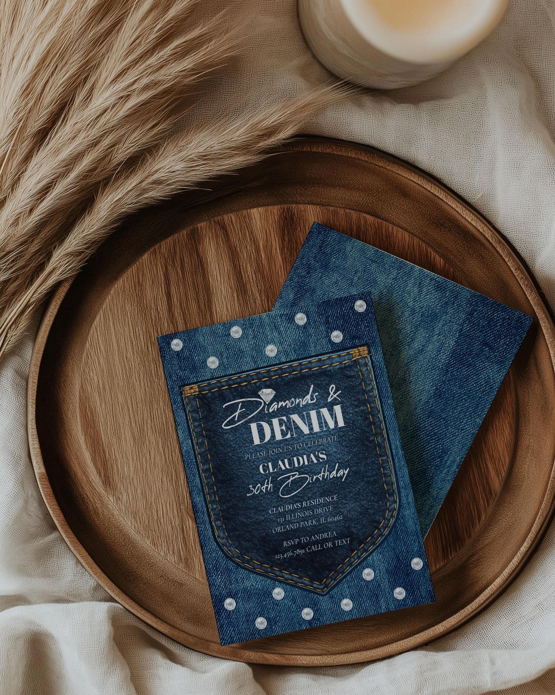 Blue Jeans Denim and Diamonds 30th Birthday Invitation, Disco Cowgirl Adult Birthday Invite, Denim Diamonds Pearls Party Printable #022 - TheLovebirdsDesign