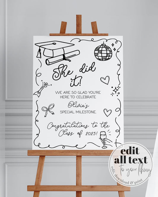 Graduation Party Welcome Sign Class of 2025 Hand drawn Wavy Frame Graduation Party Decoration Sign Template for High School or College #072 - TheLovebirdsDesign