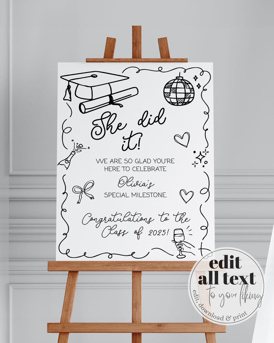 Graduation Party Welcome Sign Class of 2025 Hand drawn Wavy Frame Graduation Party Decoration Sign Template for High School or College #072 - marryful.org
