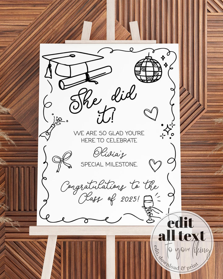Graduation Party Welcome Sign Class of 2025 Hand drawn Wavy Frame Graduation Party Decoration Sign Template for High School or College #072 - TheLovebirdsDesign