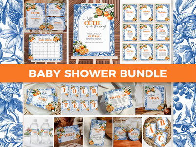 Little Cutie on it's way Citrus Orange Amalfi Coast Baby Shower Invitation Bundle, Toile de Jouy Mediterranean Shower Template Bundle #072 - TheLovebirdsDesign