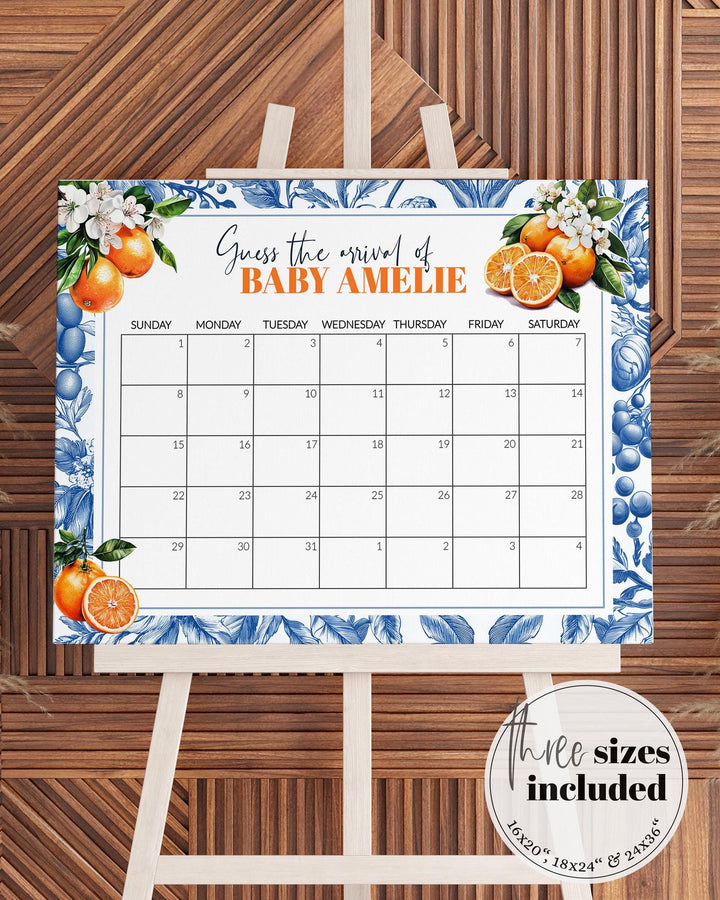 Little Cutie Baby Arrival Game Sign Orange Amalfi Coast Baby Shower Decoration Guess due date Sign Mediterranean Baby Shower Template #072 - TheLovebirdsDesign