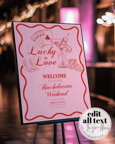 Lucky in Love Handwritten Bachelorette Welcome Sign, Las Vegas Bridal Shower Girls Trip Bach Weekend Editable Decoration Sign Template #072 - TheLovebirdsDesign
