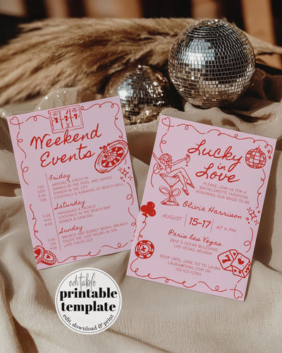 Lucky in Love Handwritten Bachelorette Invitation, Las Vegas Bridal Shower Girls Trip Bach Weekend Itinerary Printable Template Invite #072 - TheLovebirdsDesign