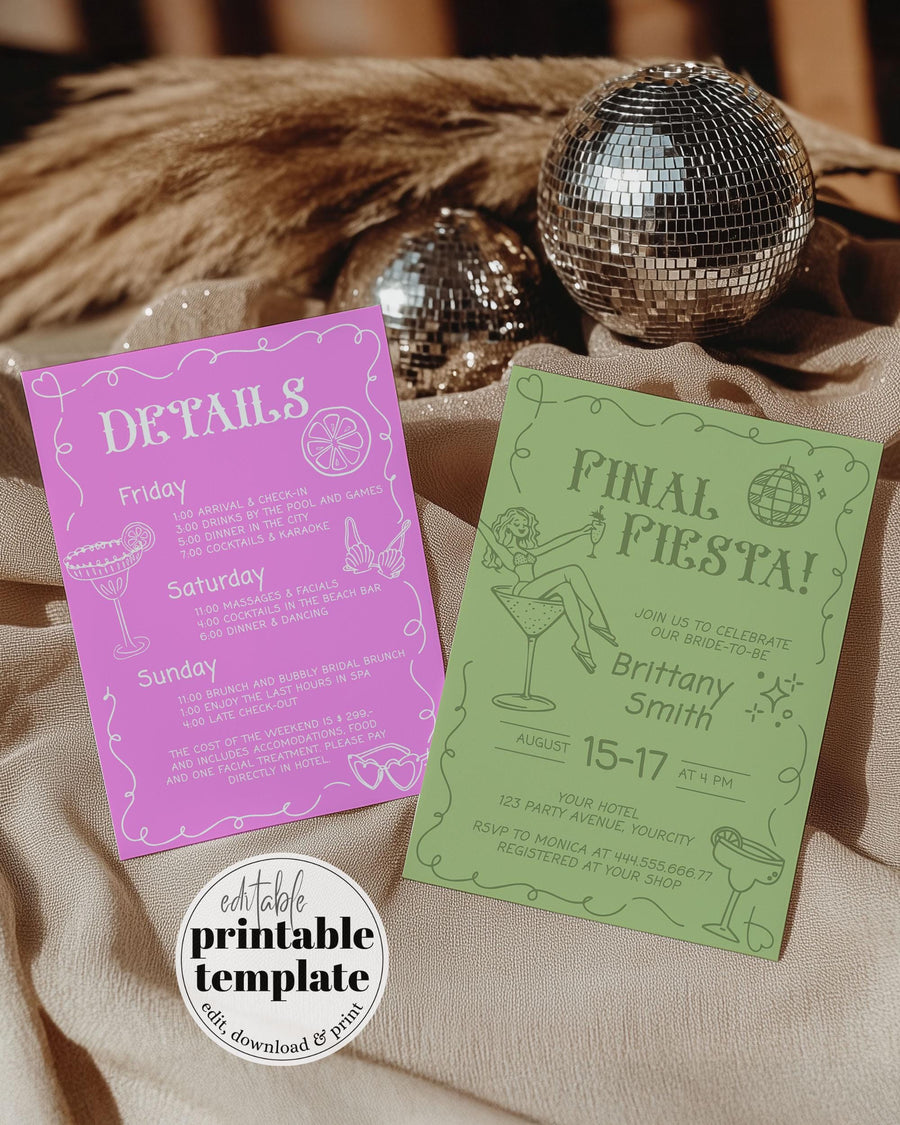 Final Fiesta Bachelorette Itinerary, Tropical Bach Margs and Matrimony Hen Girls Trip, Last Fiesta hand doodled Margarita Template #070 - marryful.org