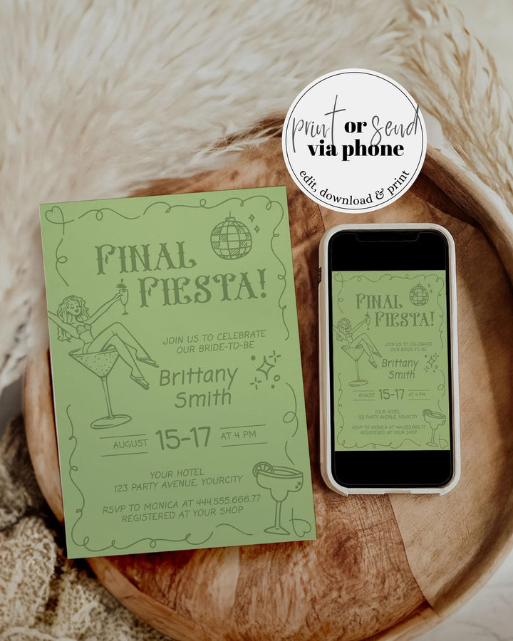 Final Fiesta Bachelorette Itinerary, Tropical Bach Margs and Matrimony Hen Girls Trip, Last Fiesta hand doodled Margarita Template #070 - TheLovebirdsDesign