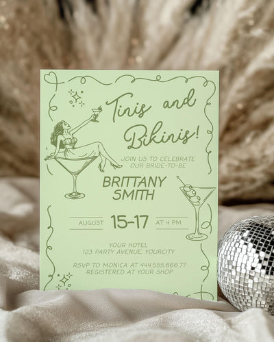 Bride in a tini bit Dirty Martini Bachelorette Weekend Itinerary, Green Olive Martini Bachelorette Party Invite Hand Drawn Template #070 - TheLovebirdsDesign