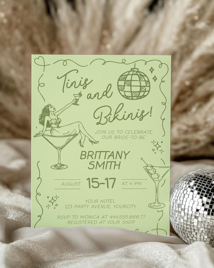 Funky Bikinis and Martinis Bachelorette Itinerary, Handdrawn Wavy Dry Martini Hen can do Bach Party Invitation Printable Template #070 - TheLovebirdsDesign