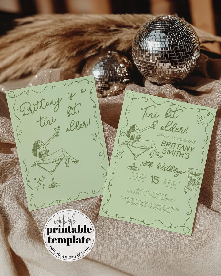 Bikinis and Martinis 30th Birthday Invitation, Funky Tini Bit Older Adult Woman Birthday Party Invite Hand Drawn Wavy Frame Template #070 - TheLovebirdsDesign
