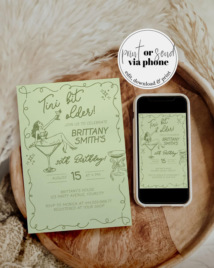 Bikinis and Martinis 30th Birthday Invitation, Funky Tini Bit Older Adult Woman Birthday Party Invite Hand Drawn Wavy Frame Template #070 - TheLovebirdsDesign