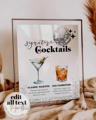 Signature Cocktail Bar Menu Sign for 70s Cocktail Party, Drink Menu with funky Disco Ball, Editable Martini Bar Cocktail Sign Template #065d - TheLovebirdsDesign