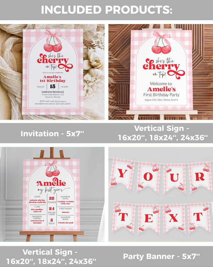 Cherry 1st Birthday Bundle Cherry On Top 1st Birthday Invitation Bundle Coquette Bows Summer First Birthday Party Decoration Template #068 - TheLovebirdsDesign
