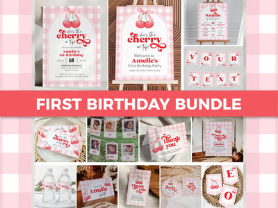 Cherry 1st Birthday Bundle Cherry On Top 1st Birthday Invitation Bundle Coquette Bows Summer First Birthday Party Decoration Template #068 - TheLovebirdsDesign