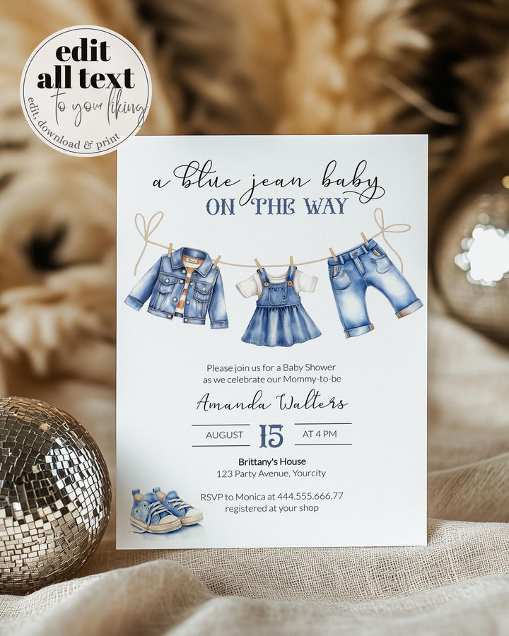 Blue Jean Baby Shower Invitation for Boys, Denim Diamond Blue Jeans Baby on the Way, Boy Denim Shower Theme Baby Shower Invite Template #072 - TheLovebirdsDesign