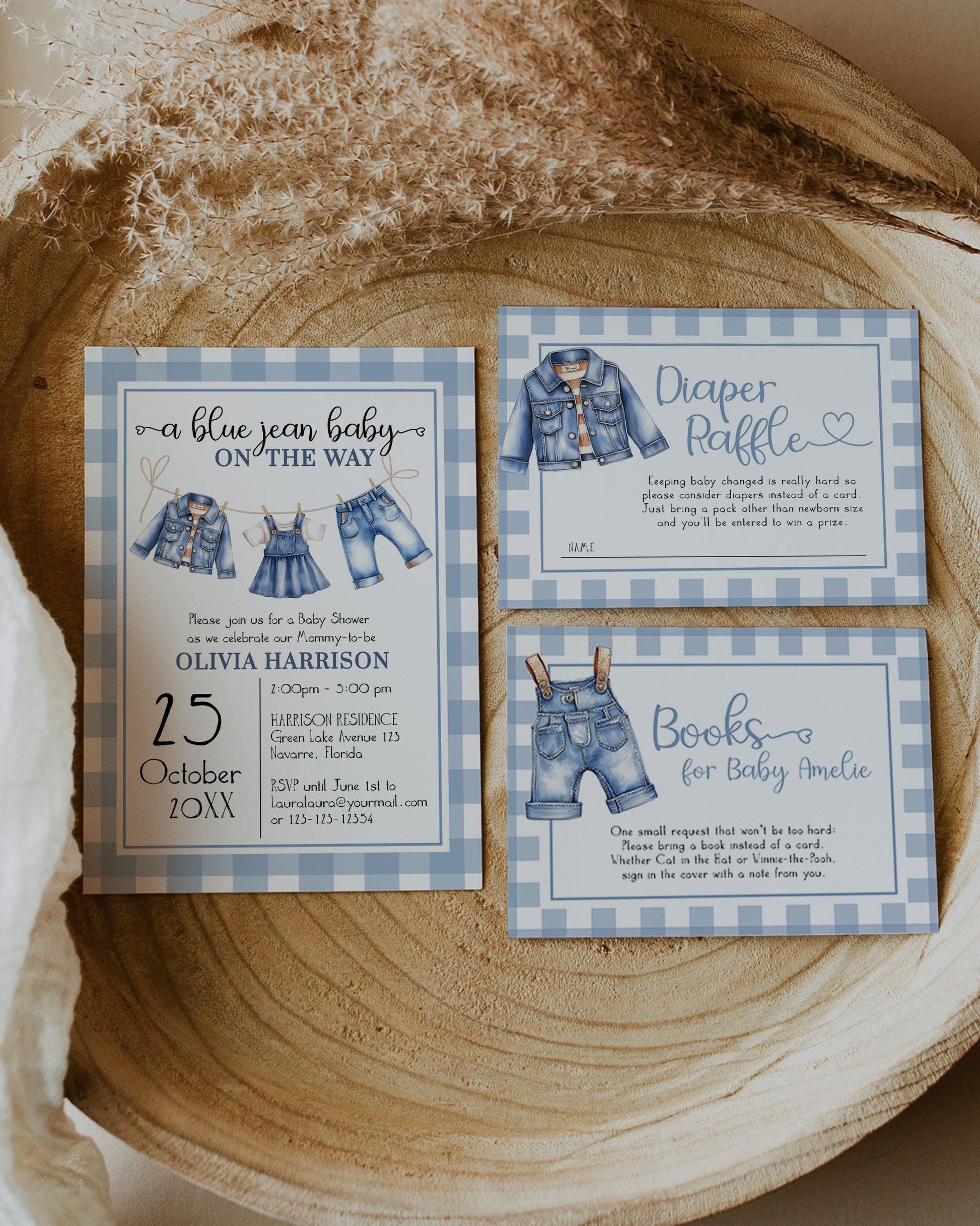 Blue Jean Baby Shower Invitation Template, Boy Blue Denim Gingham Baby Shower Invite, Denim Diamonds Baby on the way Theme Template #068 - TheLovebirdsDesign