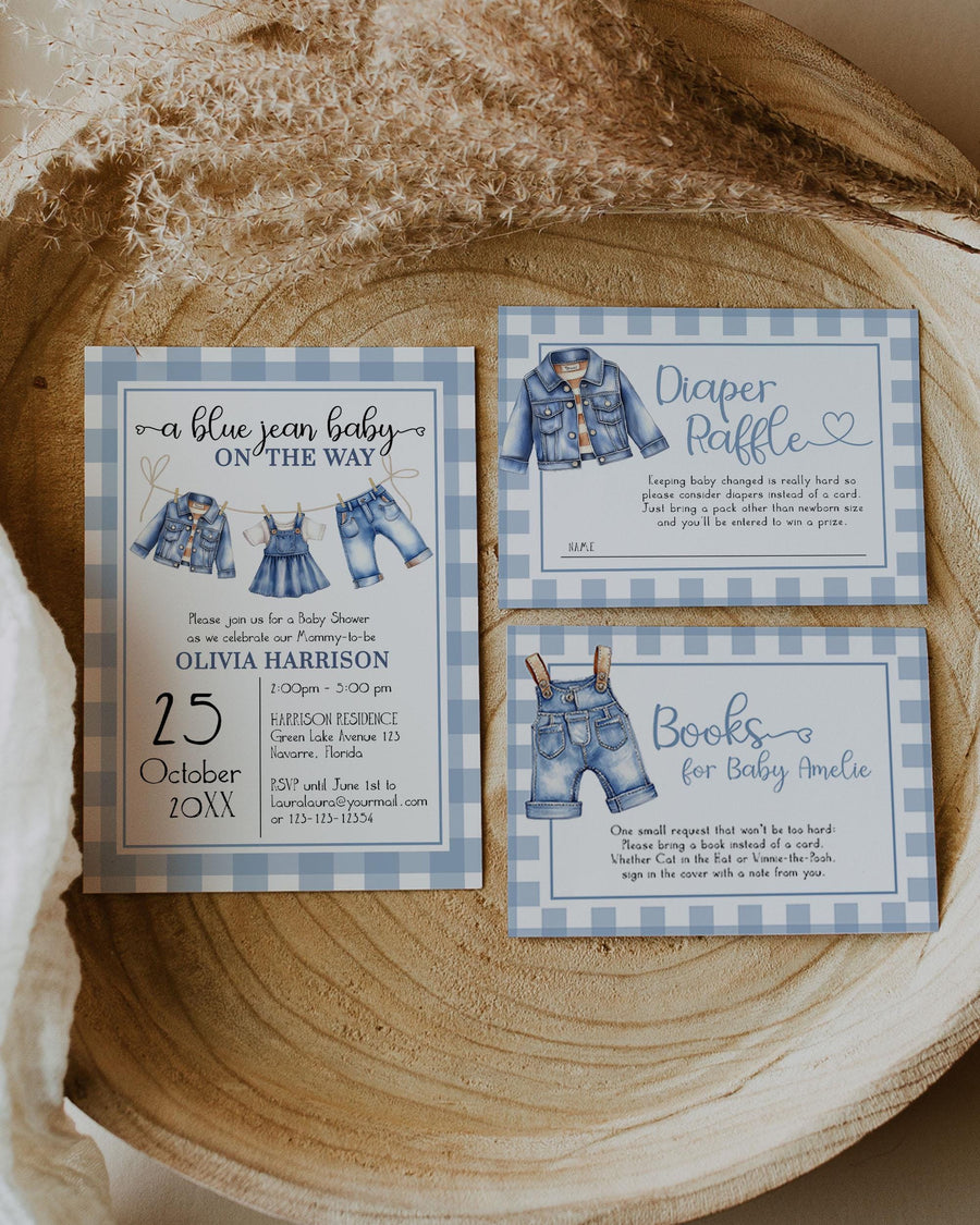 Blue Jean Baby Shower Invitation Set Template, Baby Clothesline Denim Gingham Invite 013JE-BSINV - marryful.org