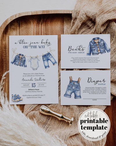 Blue Jean Baby Shower Invitation for Boys, Denim Diamond Blue Jeans Baby on the Way, Boy Denim Shower Theme Baby Shower Invite Template #072 - TheLovebirdsDesign