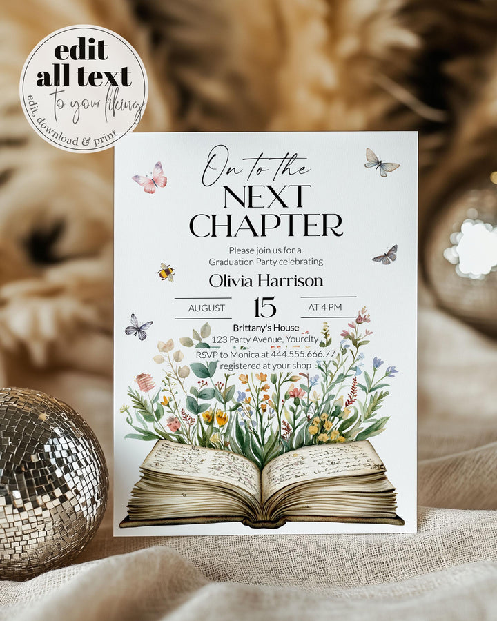 Next Chapter Begins Grad Party Invite, On to the next Chapter Graduation Party Invitation Template, School or College Party Template #068 - TheLovebirdsDesign