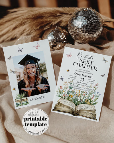 Next Chapter Begins Grad Party Invite, On to the next Chapter Graduation Party Invitation Template, School or College Party Template #068 - TheLovebirdsDesign