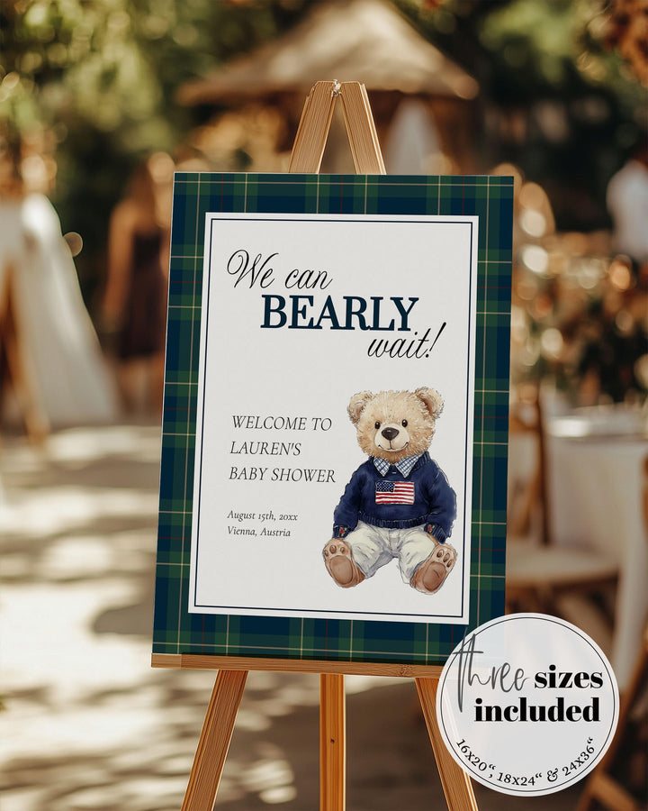 Ralph Polo Baby Shower Welcome Sign, We can Bearly Wait Luxury Blue Green Bear Shower Decorations Board, Plaid Theme Shower Template #068 - TheLovebirdsDesign