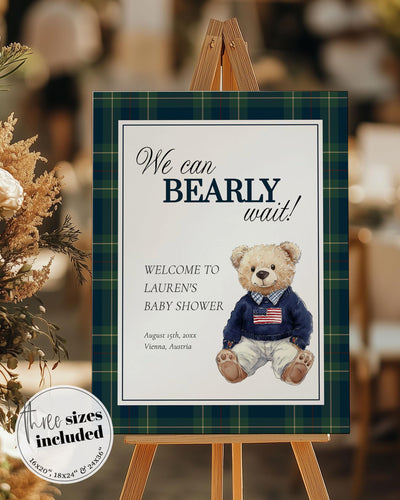 Ralph Polo Baby Shower Welcome Sign, We can Bearly Wait Luxury Blue Green Bear Shower Decorations Board, Plaid Theme Shower Template #068 - TheLovebirdsDesign