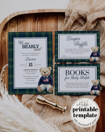 We can bearly wait Polo Baby Shower Invitation Template, Ralph Teddy Bear Plaid Baby Shower Invite for Classic Luxury Baby Sprinkle #068 - TheLovebirdsDesign