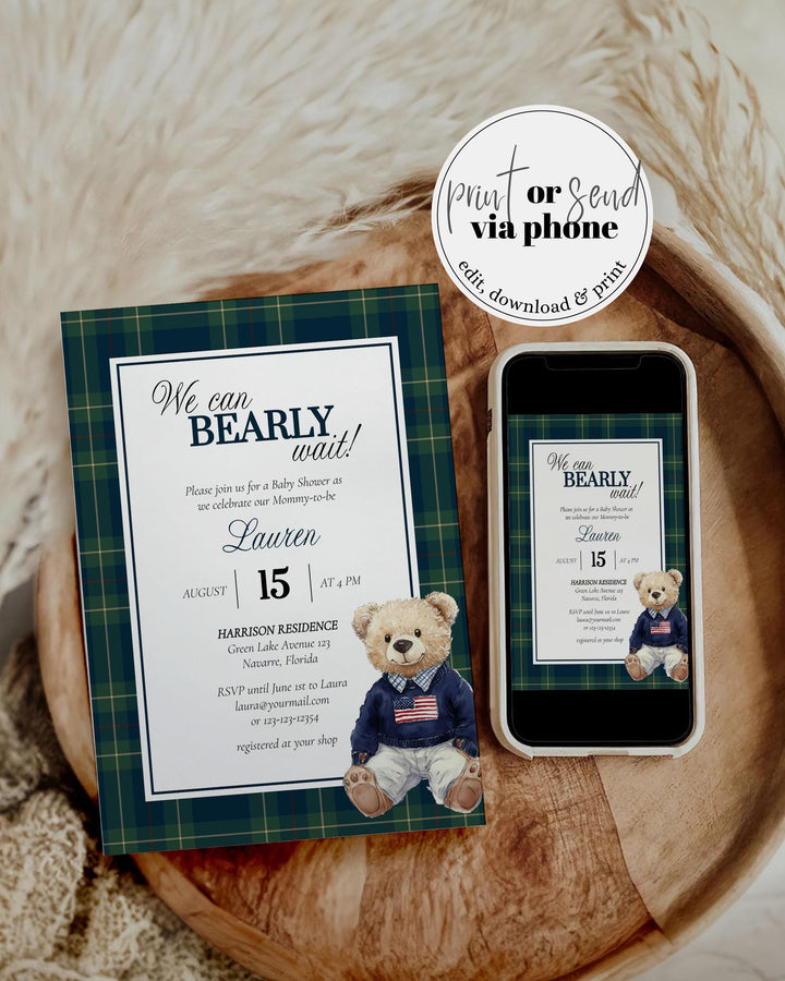 We can bearly wait Polo Baby Shower Invitation Template, Ralph Teddy Bear Plaid Baby Shower Invite for Classic Luxury Baby Sprinkle #068 - TheLovebirdsDesign