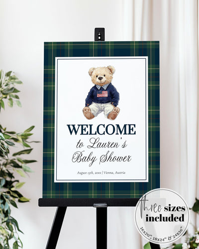 Vintage Polo Teddy Baby Shower Welcome Sign, Lauren Baby Shower Decorations Sign Boys, Luxury Bear Baby Shoer Welcome Sign Template #068 - TheLovebirdsDesign