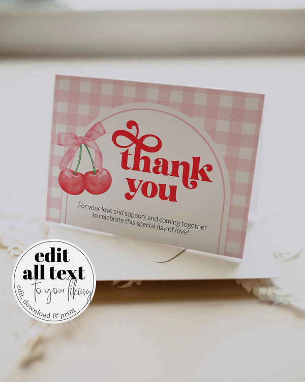 Cherry on top Thank you card for Cherry themed Baby Shower 1st Birthday or Bachelorette Gingham Coquette Bow Thank you Note Template #068 - TheLovebirdsDesign