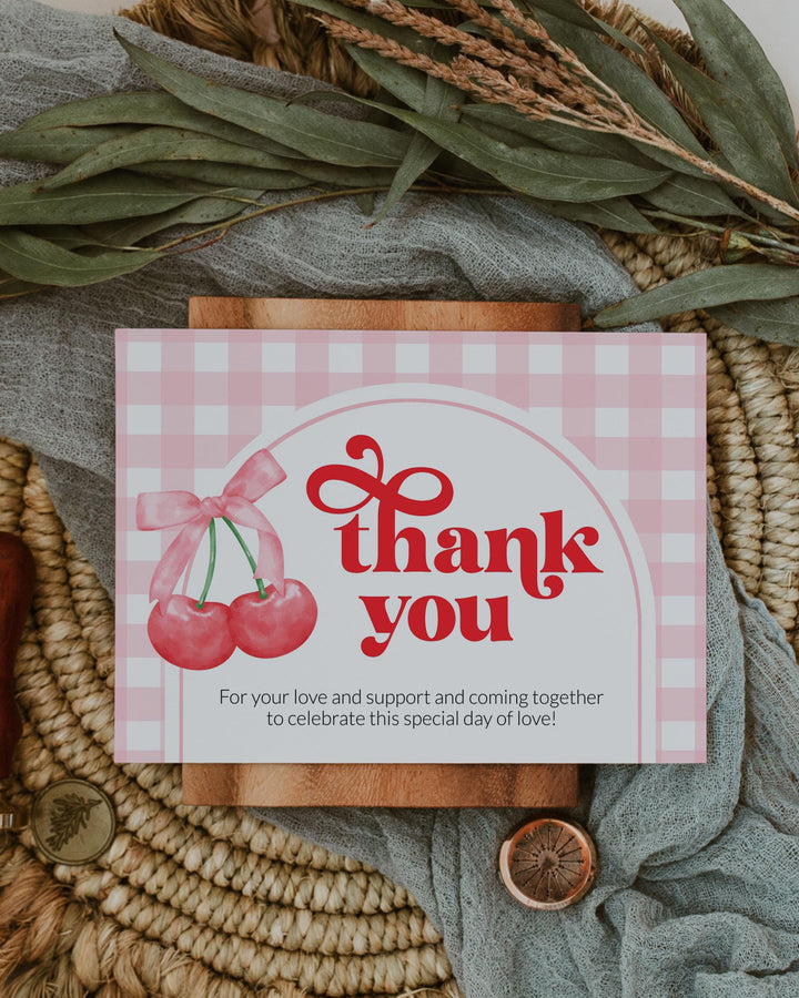 Cherry on top Thank you card for Cherry themed Baby Shower 1st Birthday or Bachelorette Gingham Coquette Bow Thank you Note Template #068 - TheLovebirdsDesign