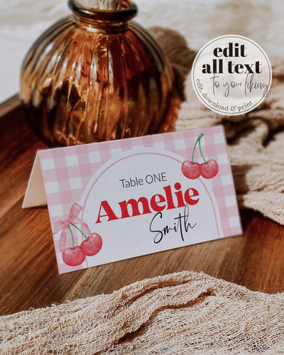 Cherry on top place cards for Cherry themed Baby Shower 1st Birthday or Bachelorette Gingham Coquette Bow food label Template #068 - TheLovebirdsDesign
