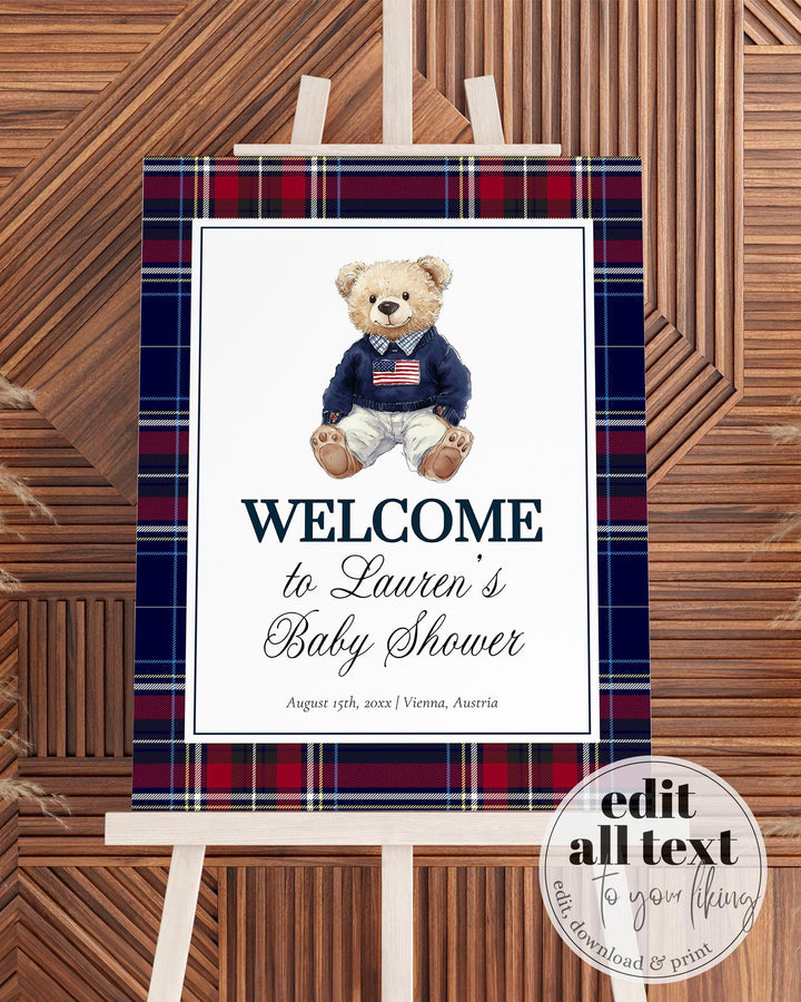 Vintage Classic Teddy Bear Baby Shower Welcome Sign Polo Baby Shower Decorations Sign Boy Luxury Bear Baby Shower Welcome Sign Template #068 - TheLovebirdsDesign