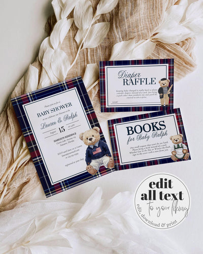 Vintage Classic Polo Baby Shower Invitation for Boys, Luxury Bear Baby Shower Invite Template, Teddy Bear Plaid Elegant Theme Template #068 - TheLovebirdsDesign