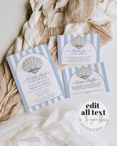 Little Pearl Under the Sea Baby Shower Invitation, Blue Baby Shower Invite, Ocean Little Pearl Is On The Way Shower Invitation Template #072 - TheLovebirdsDesign