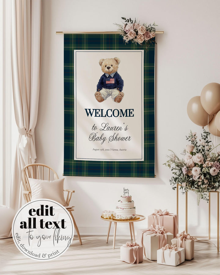 Vintage Polo Teddy Wall Tapestry Baby Shower Fabric Welcome Banner Decoration Boys, Luxury Bear Baby Shower Welcome Banner Template #068 - TheLovebirdsDesign