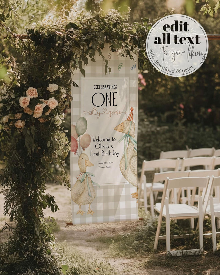 One Silly Goose Wall Tapestry Coquette Silly Goose 1st Birthday Linen Fabric Welcome Banner Printable Party Decoration Sign Template #068 - TheLovebirdsDesign