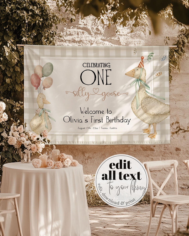 One Silly Goose Wall Tapestry Coquette Silly Goose 1st Birthday Linen Fabric Welcome Banner Printable Party Decoration Sign Template #068 - TheLovebirdsDesign