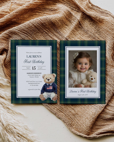 Vintage Polo Teddy First Birthday Invitation Template, Bear Plaid 1st Birthday Invite for Classic Luxurious Lauren Party Template #068 - TheLovebirdsDesign