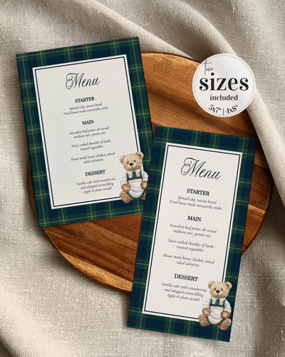 Classic Vintage Ralph Polo Menu Card Template, Luxury Bear Table Menu, Printable Teddy Bear Plaid Elegant Theme Decorations Template #068 - TheLovebirdsDesign