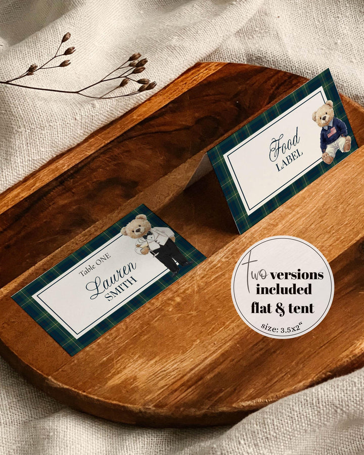 Classic Vintage Ralph Polo Place Cards, Bear Plaid Food Label Templates, Printable Teddy Bear Theme Luxurious Party Decoration Template #068 - TheLovebirdsDesign