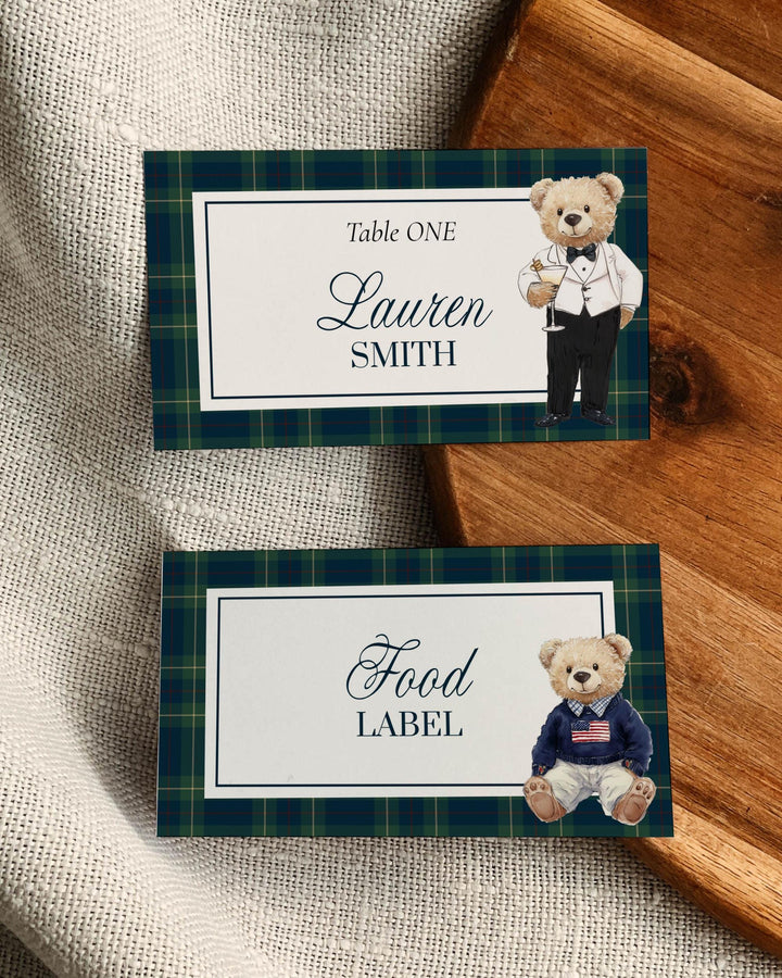 Classic Vintage Ralph Polo Place Cards, Bear Plaid Food Label Templates, Printable Teddy Bear Theme Luxurious Party Decoration Template #068 - TheLovebirdsDesign