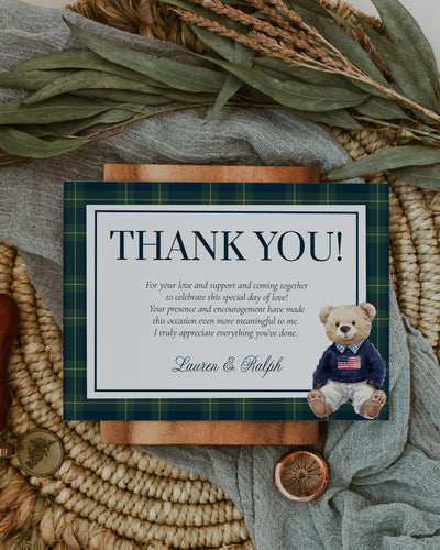 Vintage Polo Teddy Bear Thank you Card, Classic Baby Shower Thank you Note for Boys Party, Editable Luxury Bear Plaid Card Template #068 - TheLovebirdsDesign