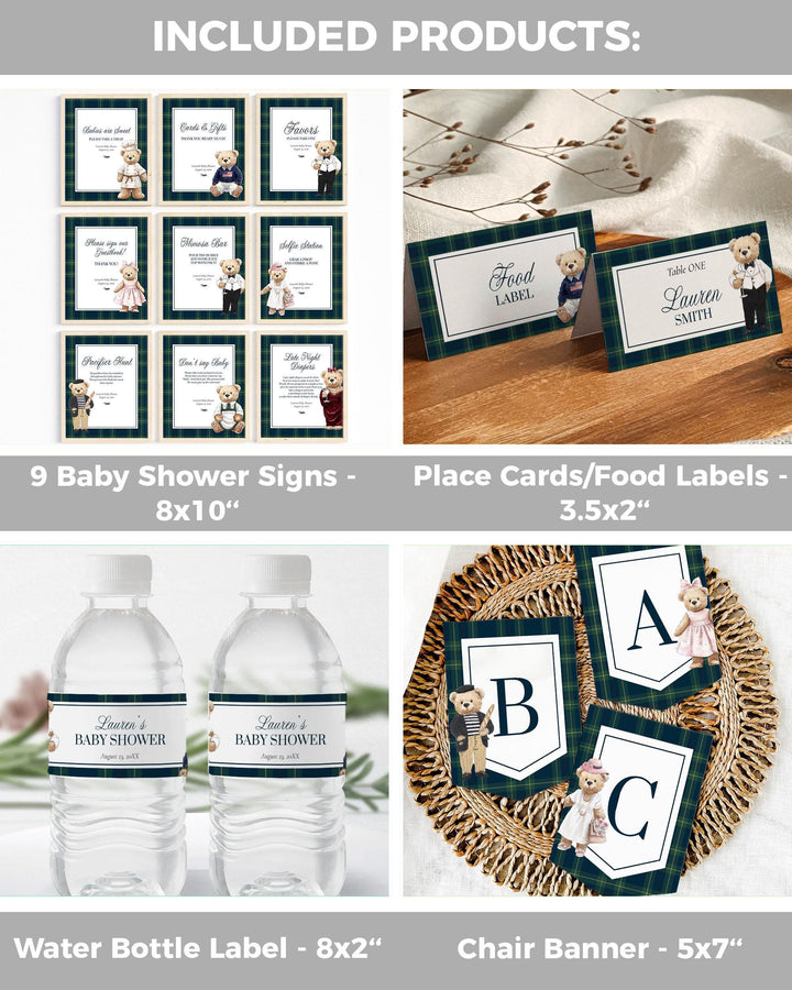 Vintage Polo Teddy Baby Shower Bundle, Lauren Baby Shower Decorations Suite Boys, Editable Luxury Bear Baby Shower Invitation Template #068 - TheLovebirdsDesign