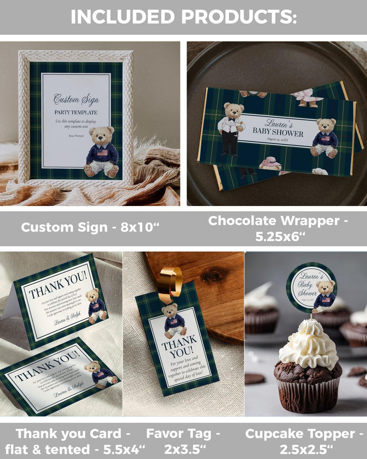 Vintage Polo Teddy Baby Shower Bundle, Lauren Baby Shower Decorations Suite Boys, Editable Luxury Bear Baby Shower Invitation Template #068 - TheLovebirdsDesign