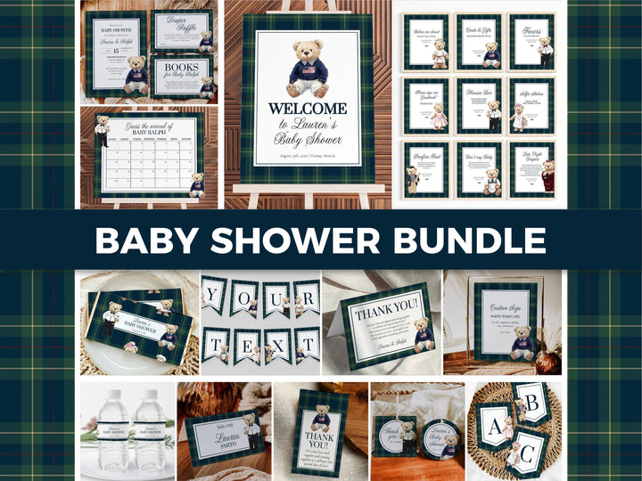 Vintage Polo Teddy Baby Shower Bundle, Lauren Baby Shower Decorations Suite Boys, Editable Luxury Bear Baby Shower Invitation Template #068 - TheLovebirdsDesign