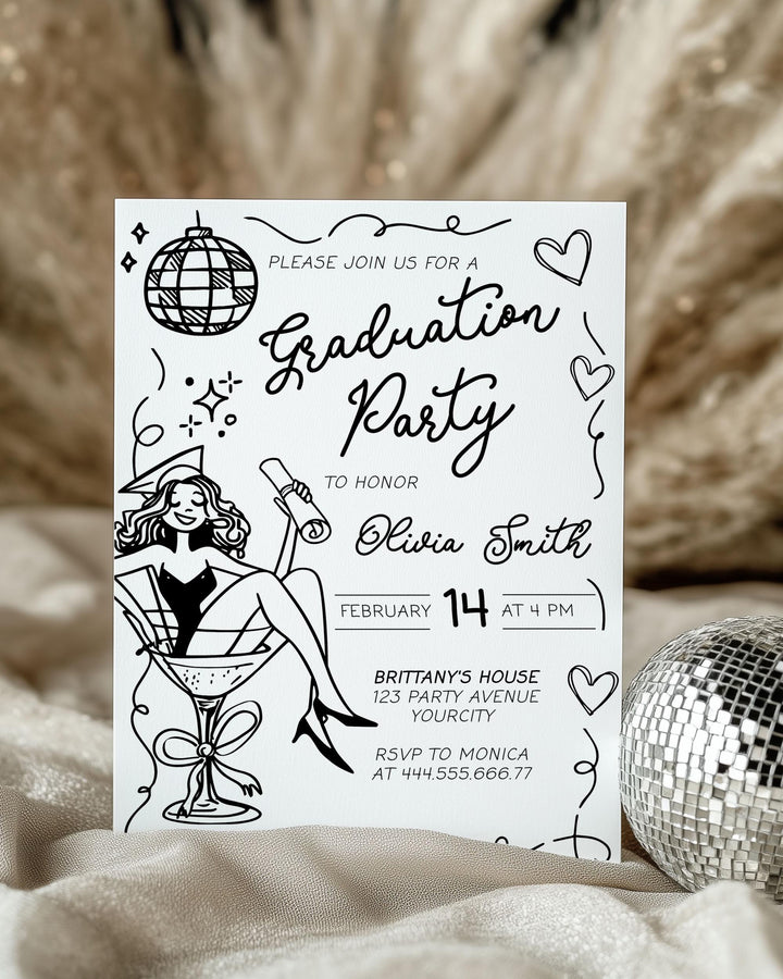 Graduation Party Invitation Class of 2025 Handdrawn Martini with Bow Wavy Frame Invitation Template High School College or Grad Party #070 - TheLovebirdsDesign