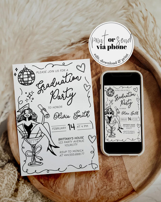 Graduation Party Invitation Class of 2025 Handdrawn Martini with Bow Wavy Frame Invitation Template High School College or Grad Party #070 - TheLovebirdsDesign
