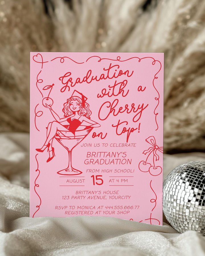 Graduation with a Cherry on Top Pink Grad Party Invitation Funky Doodle Class of 2025 Handdrawn Invite Template High School College #070 - TheLovebirdsDesign